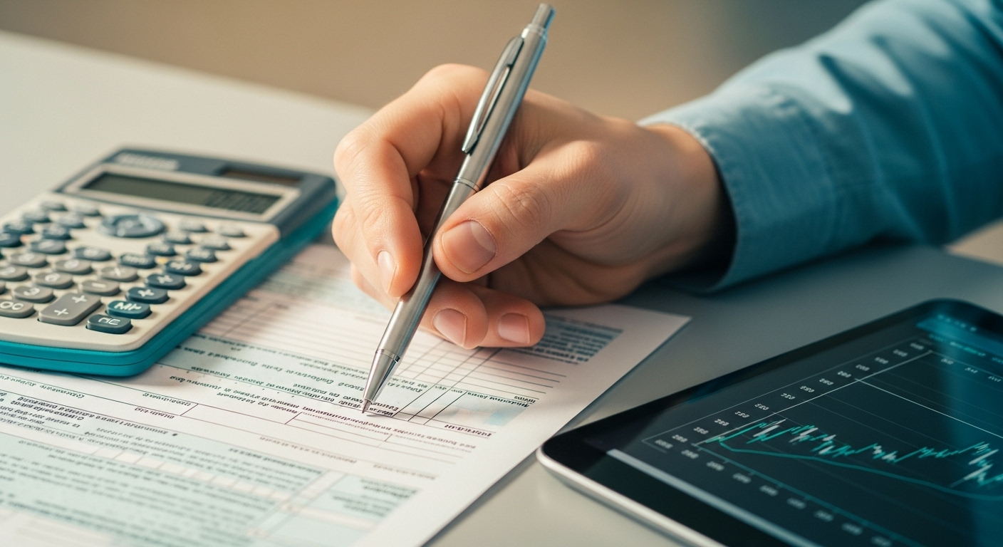 펜을 들고 세금 서류를 작성하는 손, 옆에는 계산기와 금융 그래프가 보이는 태블릿이 놓여 있다.