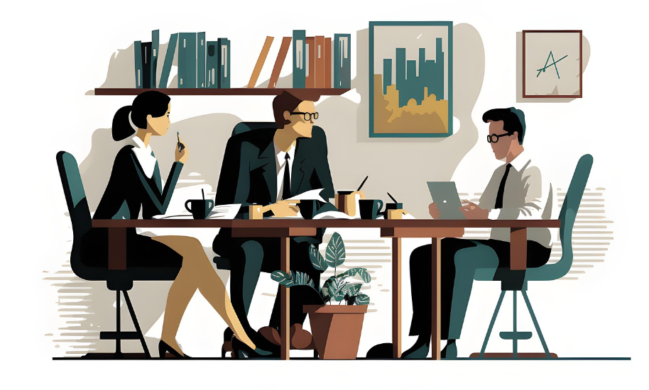 장소는 사무실이며 두명의 남성과 한명의 여성이 커다란 테이블에 앉아서 회의를 하고 있는 이미지입니다.