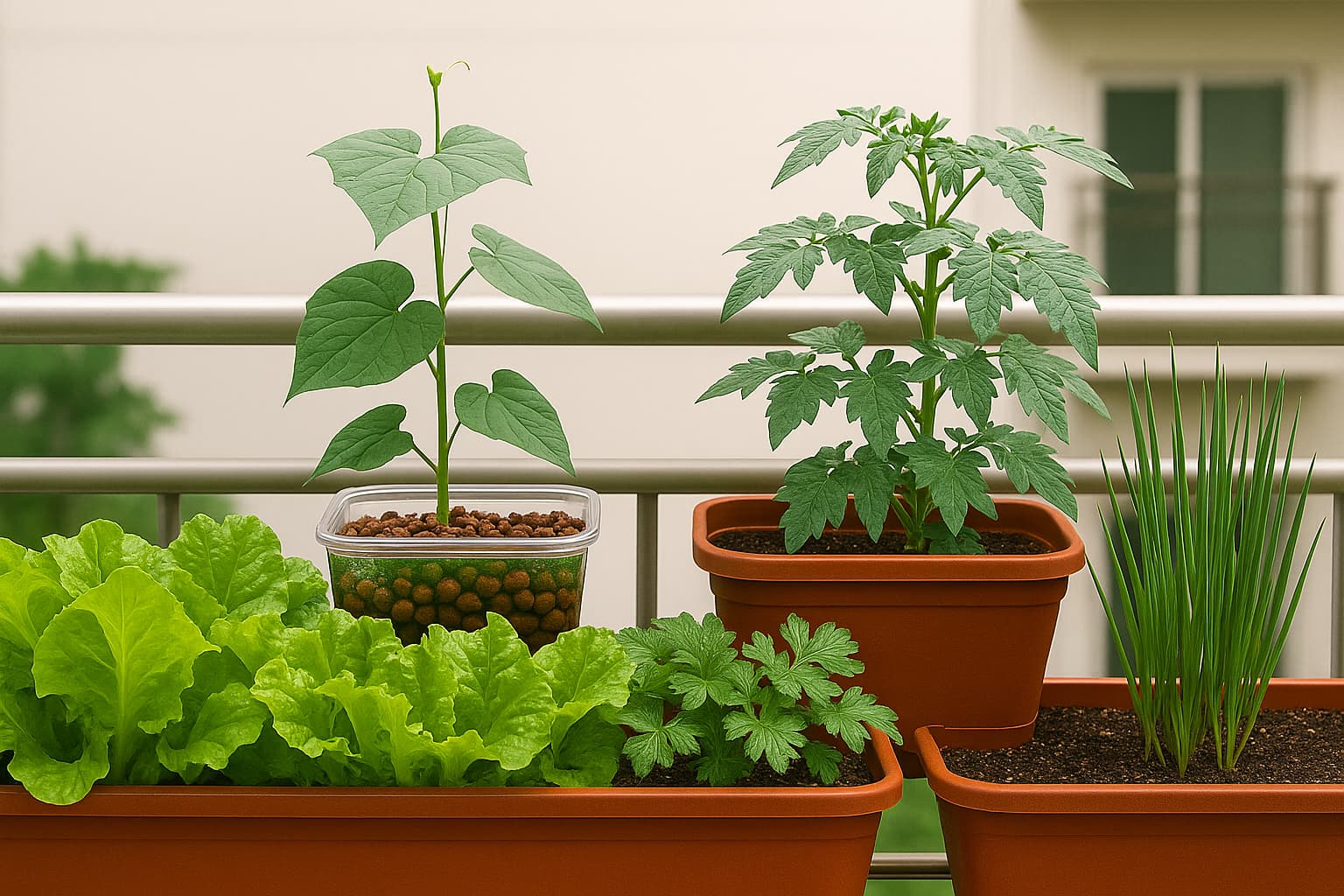 베란다 난간 위에 수경재배 식물이 놓여 있고, 앞쪽 화분에는 상추와 쪽파, 파슬리 등 채소가 자라는 베란다 텃밭 전경