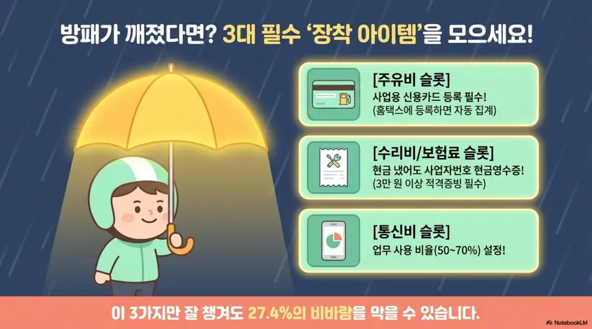 배달라이더 수입별 종합소득세: 기준경비율 구간에 진입한 배달라이더를 위한 3대 필수 증빙 아이템을 우산 일러스트와 함께 안내하는 이미지. 주유비 슬롯은 사업용 신용카드 등록으로 홈택스 자동 집계하고 수리비와 보험료 슬롯은 현금 결제 시에도 사업자번호 현금영수증 발급이 필수이며 통신비 슬롯은 업무 사용 비율 50에서 70%를 설정해야 한다는 배달라이더 유류비 경비처리 증빙 루틴을 설명하는 이미지