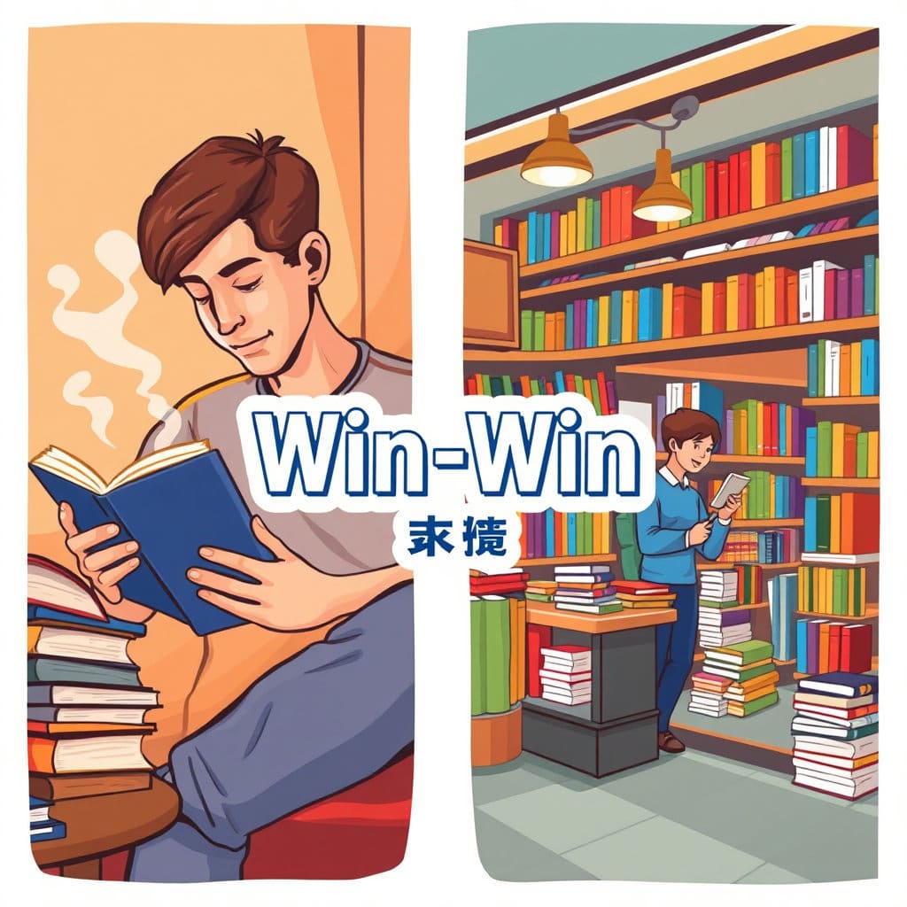 한쪽에는 책을 꾸준히 읽는 사람의 모습(독서 습관화), 다른 한쪽에는 활기찬 지역 서점의 모습(지역서점 상생)을 배치합니다. 이 두 가지 목표를 상징하는 아이콘이나 그림을 사용하여 메시지를 명확하게 전달합니다. 중간에 'Win-Win' 또는 '상생'이라는 문구를 넣어 강조합니다.
