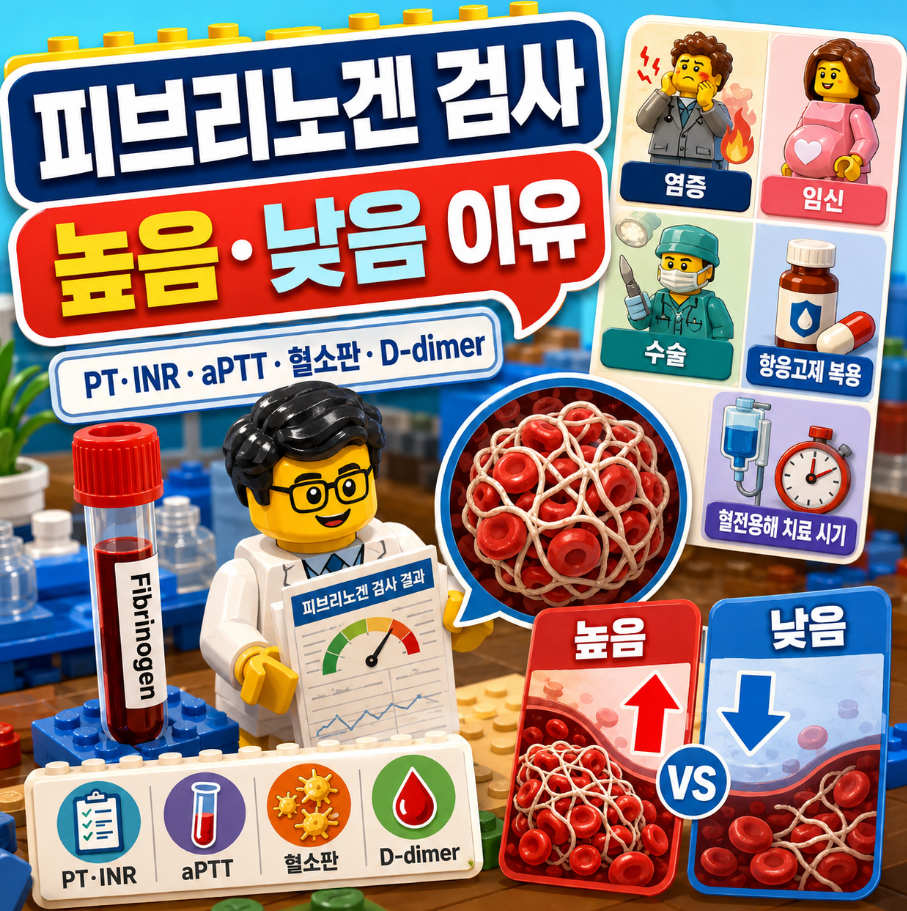 피브리노겐 검사 결과가 높거나 낮은 원인과 관련 응고검사를 설명하는 레고 스타일 메디컬 인포그래픽