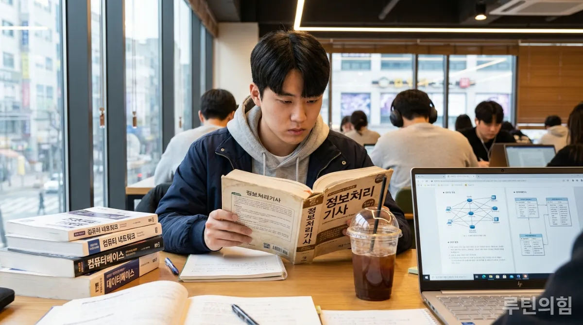 정보처리기사 교재를 공부하는 한국인 대학생의 모습