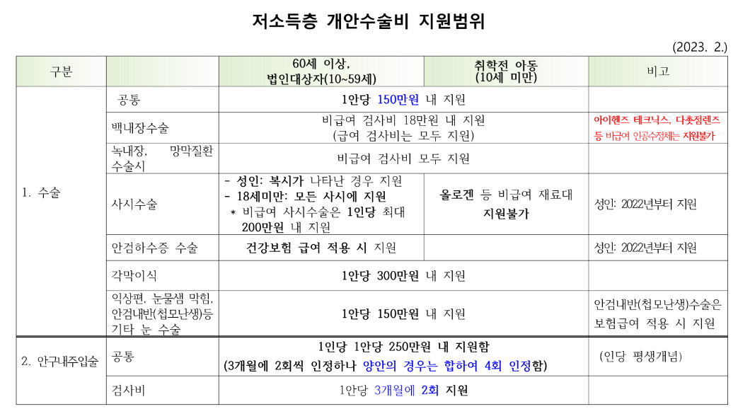 백내장 수술 비용, 국가지원