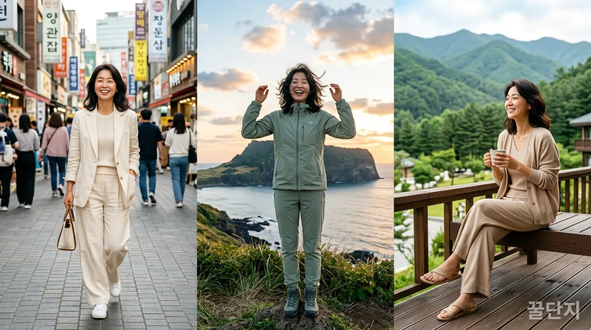 40대 한국 여성이 다양한 톤온톤 여행 코디를 입고 한국의 여러 여행지를 즐기는 모습이 몽타주로 표현되어 있다.