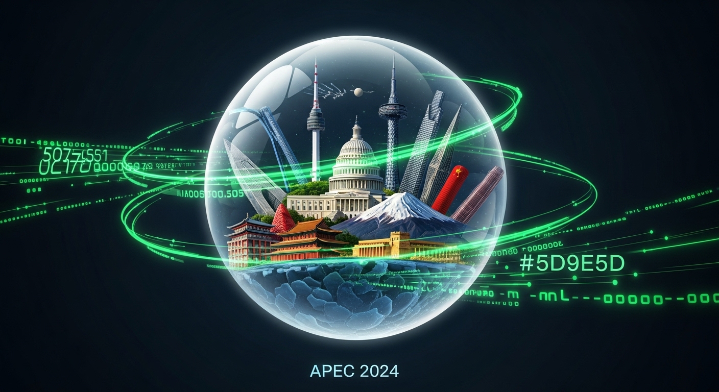 A futuristic concept art depicting the major landmarks of APEC member economies (such as Seoul's Namsan Tower, the US Capitol, China's Great Wall, Japan's Mount Fuji) enclosed within a single transparent sphere. Glowing data streams (in primary green #5D9E5D) symbolizing the digital economy flow around the sphere. The text 'APEC 2024' is subtly engraved below the sphere, emphasizing collaboration and prosperity.