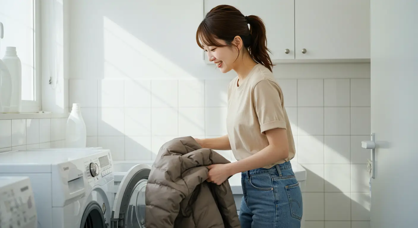 세탁기에 패딩을 세탁하는 모습