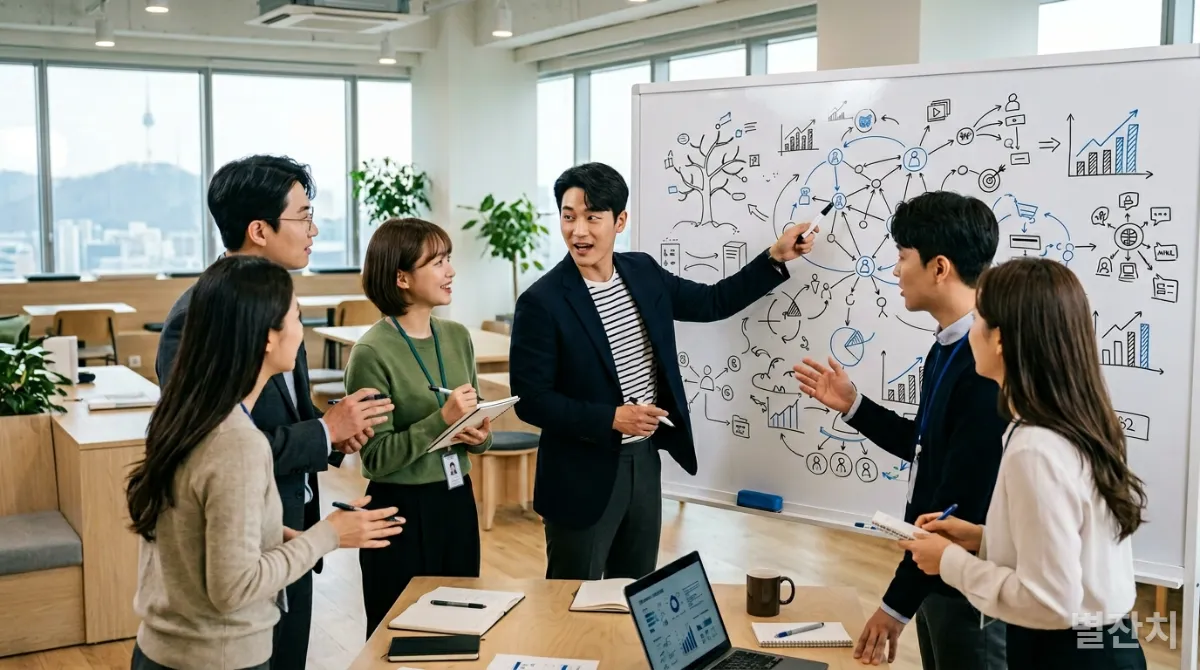 혁신적인 비즈니스 모델을 논의하는 한국 스타트업 팀의 모습