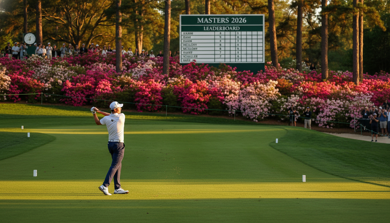 2026 마스터즈 토너먼트가 열리는 아름다운 오거스타 내셔널 골프 클럽에서 강력한 드라이버 스윙을 하는 프로 골퍼의 모습