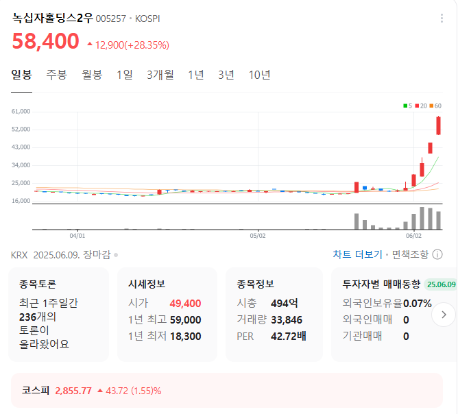 녹십자홀딩스2우 상한가 기록 주가 차트 - 헬스케어 우선주 투자