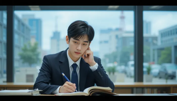 다이어리에 운세 흐름과 자신의 상태를 기록 중인 사무직 남성