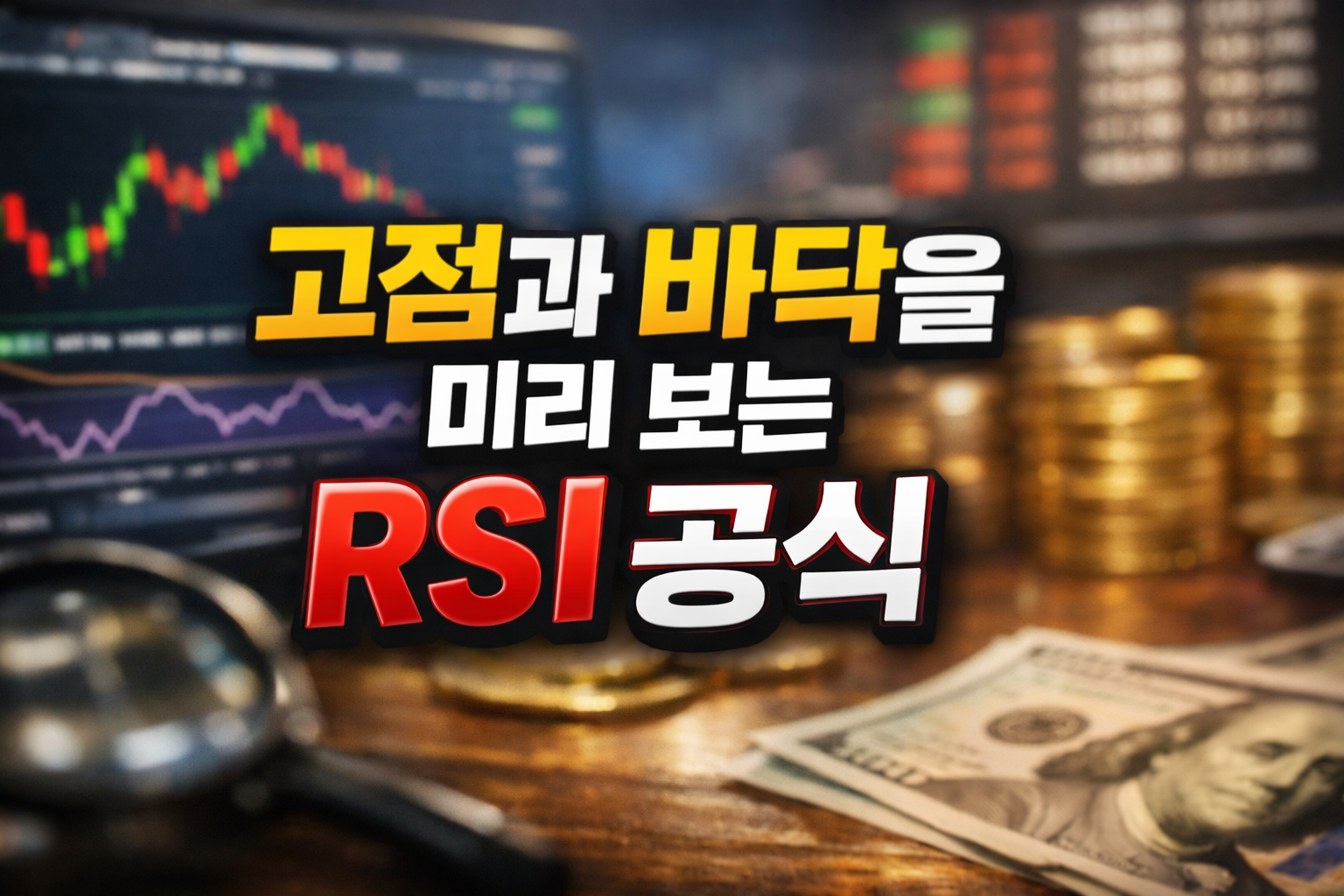 차트와 동전, 달러 지폐 배경 위에 &lsquo;고점과 바닥을 미리 보는 RSI 공식&rsquo; 문구가 있는 이미지