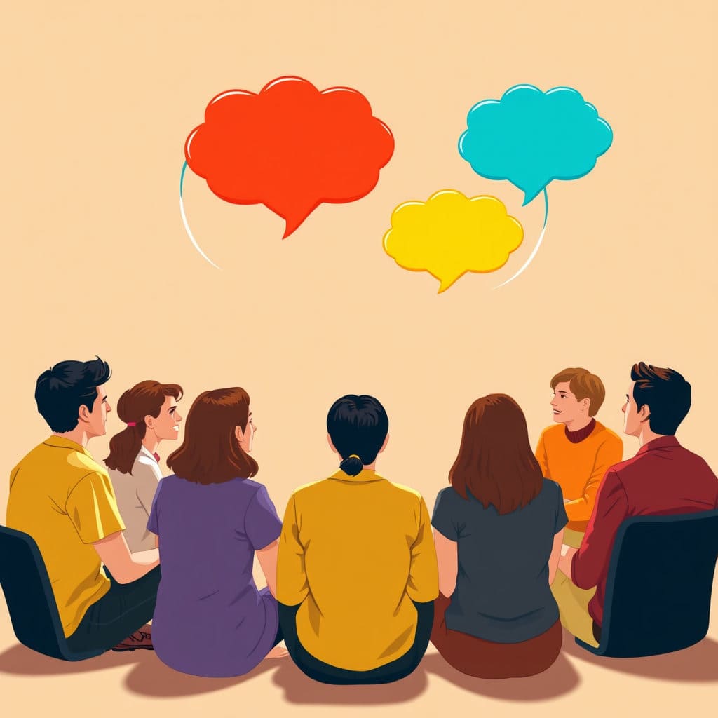 여러 명의 학생들이 원형으로 둘러앉아 서로를 바라보며 이야기하는 모습입니다. 각기 다른 색깔의 말풍선이나 생각 구름이 각자의 의견을 상징하며 떠다니고, 그 사이에는 이해와 공감을 나타내는 부드러운 빛이나 선이 연결됩니다. 서로의 다름을 인정하고 존중하는 포용적인 분위기를 시각적으로 표현합니다. 따뜻하고 조화로운 색감을 사용합니다.