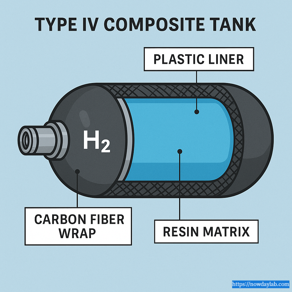 Cross section of Type IV composite hydrogen storage tank showing plastic liner, carbon fiber wrap, and resin matrix