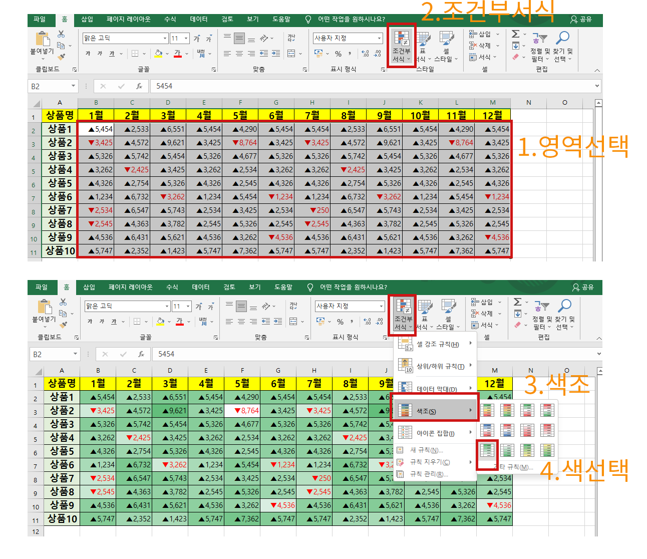 조건부 서식에서 색조를 눌러 녹색 흰색 채우기 한 표