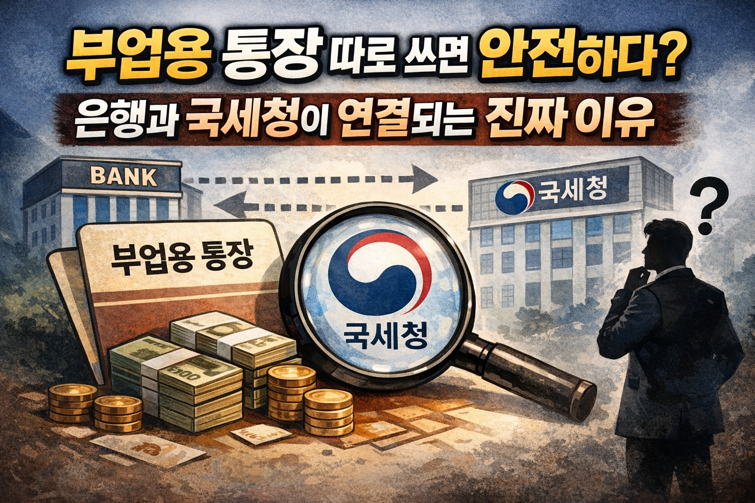 부업용 통장을 따로 쓰면 안전하다고 생각하는 직장인과 은행과 국세청의 금융 정보 연결 구조를 상징적으로 나타낸 이미지