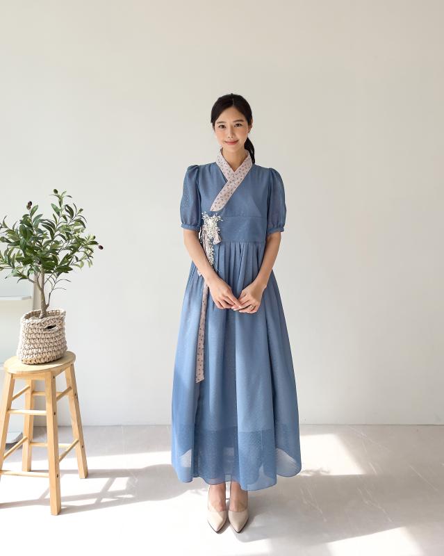민한복 라벤다 계량 철릭 원피스 여자 개량 퓨전 허리 치마 드레스 생활한복