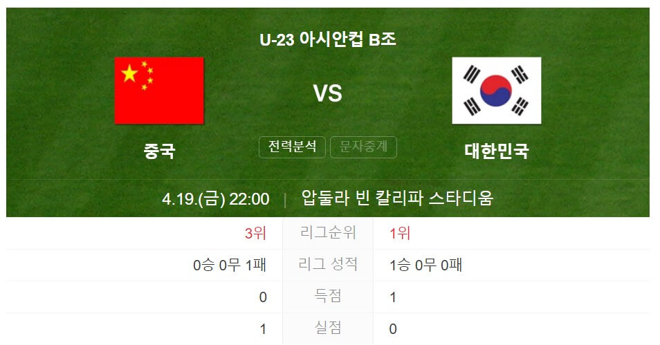 U23 한국 대 중국 아시안컵 조별 리그 2차전 축구 생중계 바로 보기