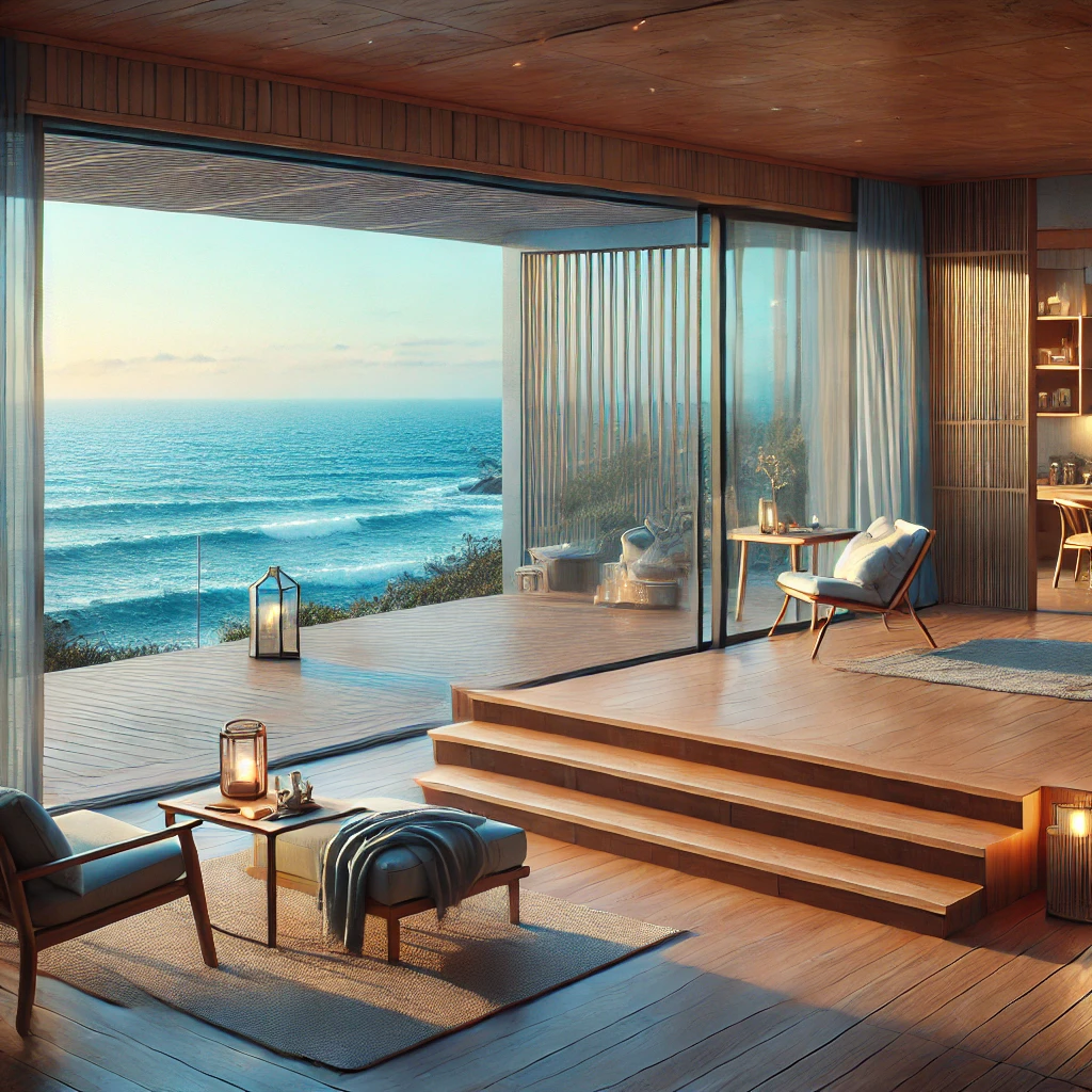 제주도의 푸른 바다를 배경으로 감성적인 한달 살기 숙소의 모습