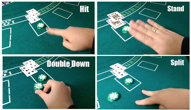 블랙잭에서 히트, 스탠드, 더블다운, 스플릿의 핸드 시그널을 나타낸 사진