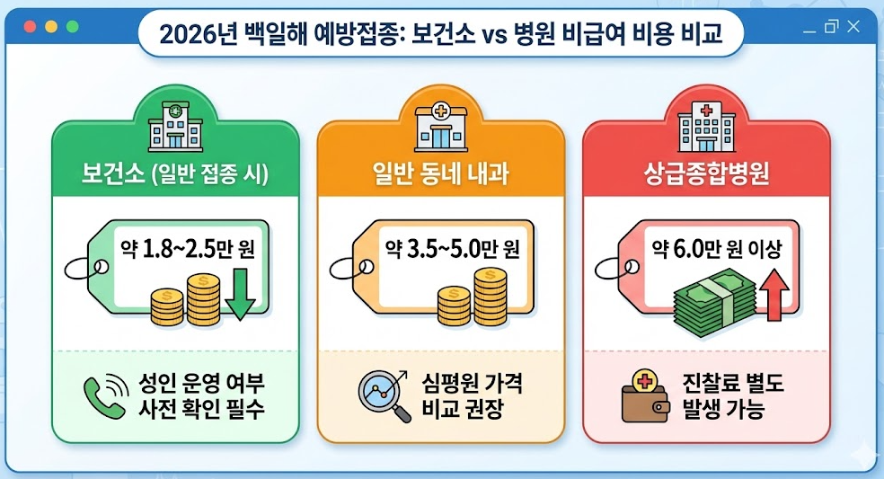 2026년 기준 보건소와 일반 내과, 상급종합병원의 백일해 예방접종 비급여 비용 비교 인포그래픽