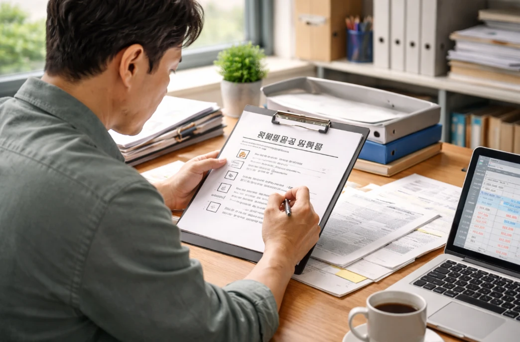 사무실 책상에서 최저임금 인상 이후 고용지원금 유지 전략을 검토하며 서류를 정리하는 한국 사업주 모습