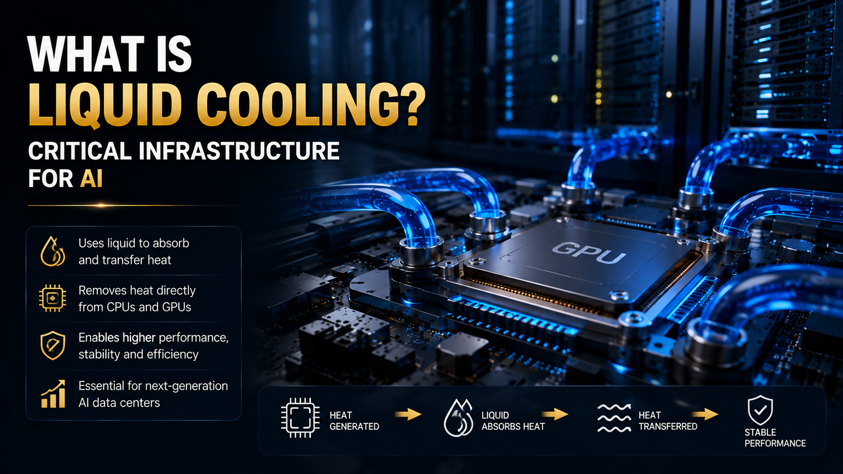 Liquid cooling technology removing heat from high-performance CPUs and GPUs in an AI data center