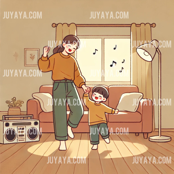 거실에서 부모와 아이가 함께 춤추며 노래를 부르는 모습을 담은 웹툰 스타일 일러스트. 밝고 즐거운 분위기를 강조한 장면.