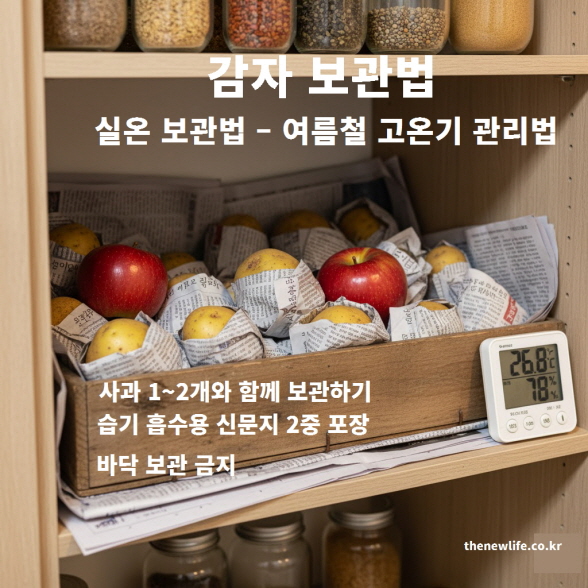 여름철 감자 보관법. 신문지로 감자를 개별 포장해 통기성 있는 상자에 담고, 사과와 함께 선반 위에 보관한 모습.