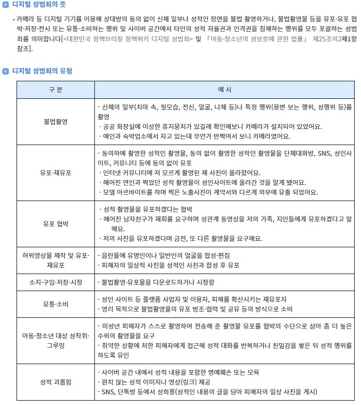 디지털 성범죄의 정의와 유형별 예시를 정리한 표, 불법촬영&middot;유포협박&middot;성적 괴롭힘 등 주요 범죄 유형 포함