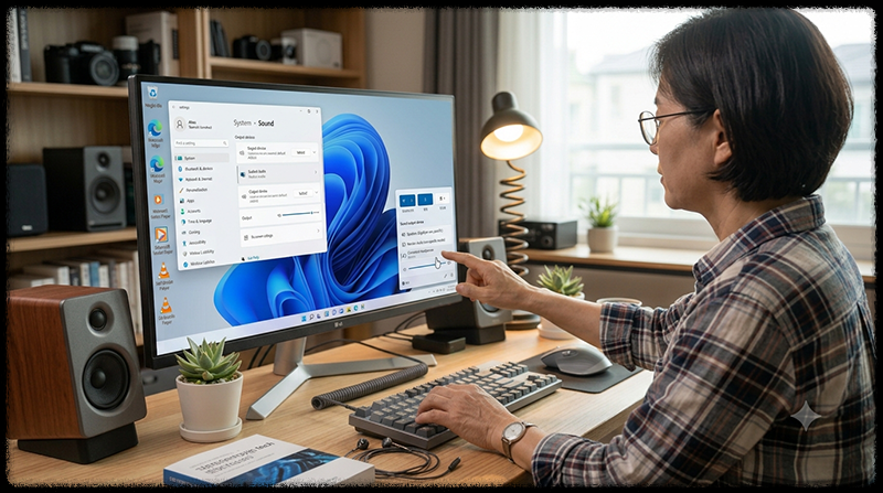 Windows 11 작업표시줄에서 이어폰을 소리 출력 장치로 선택하는 모습