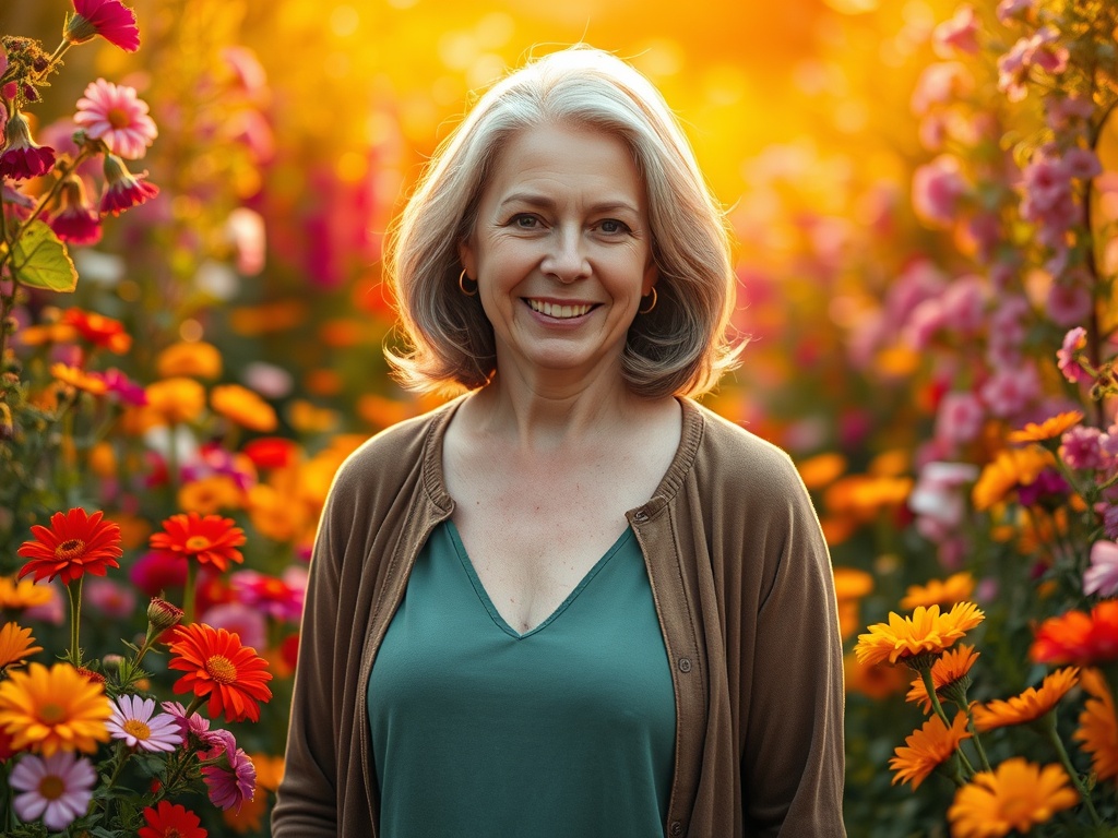꽃이 가득한 곳에서 밝게 웃고있는 중년 여성의 모습