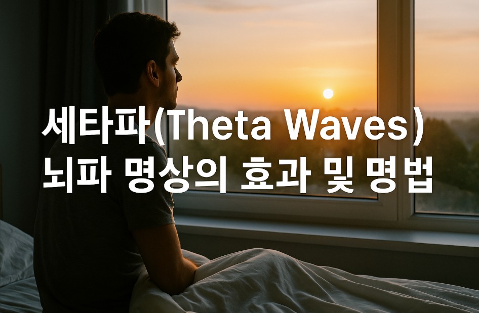 젊은 남성이 침대에 앉아 이른 아침 햇살이 퍼지는 창밖을 조용히 바라보고 있다. 따뜻한 주황빛 새벽 햇살이 방 안을 부드럽게 물들이며, 화면 중앙에는 &quot;세타파(Theta Waves) 뇌파 명상의 효과 및 명상법&quot;이라는 한글 문구가 선명하게 삽입되어 있다. 전반적으로 이 이미지는 하루의 시작을 준비하는 고요함과 세타파 명상의 차분한 에너지를 시각적으로 표현하고 있다.