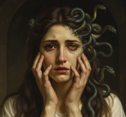뱀 머리카락을 가진 슬픈 표정의 메두사 일러스트