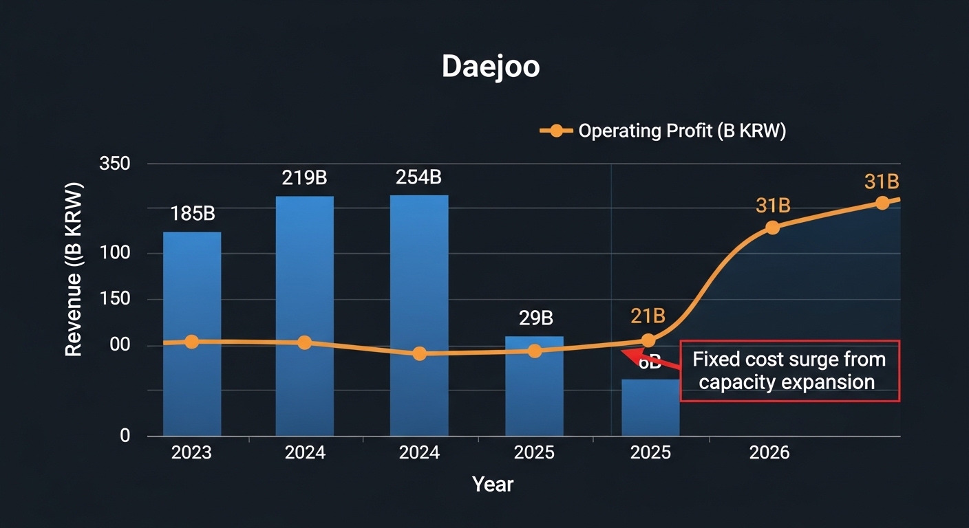 Financial chart showing Daejoo 2023~2026 dual axis bar and line chart. Blue bars: revenue 185B 219B 254B 303B KRW growing. Orange line: operating profit 6B 29B 21B 31B showing dip in 2025. Annotation arrow on 2025 dip labeled "Fixed cost surge from capacity expansion". Dark navy background English labels only.