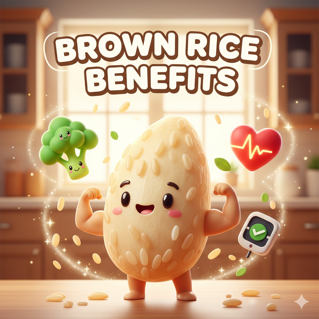 팔 근육을 자랑하는 귀여운 현미 캐릭터가 브로콜리 새싹, 하트, 혈당 측정기 등 건강을 상징하는 요소들과 함께 활기차게 있는 3D 카툰 일러스트. 이미지에는 '현미 효능'이라는 한글 문구가 크게 적혀 있다.