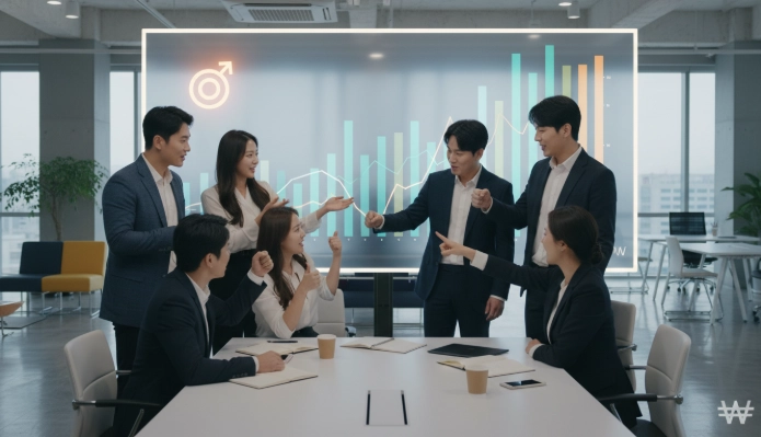 베트남 고금리 투자 전략을 논의하며 미래의 높은 수익률을 기대하는 한국인 청년 투자자들.