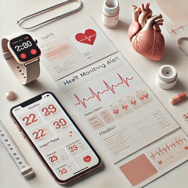 하얀 배경 위에 정리된 심박수 경고 스마트워치, 의료 문서, 심장 모형, 앱 UI 모형의 전문 스튜디오 촬영 사진