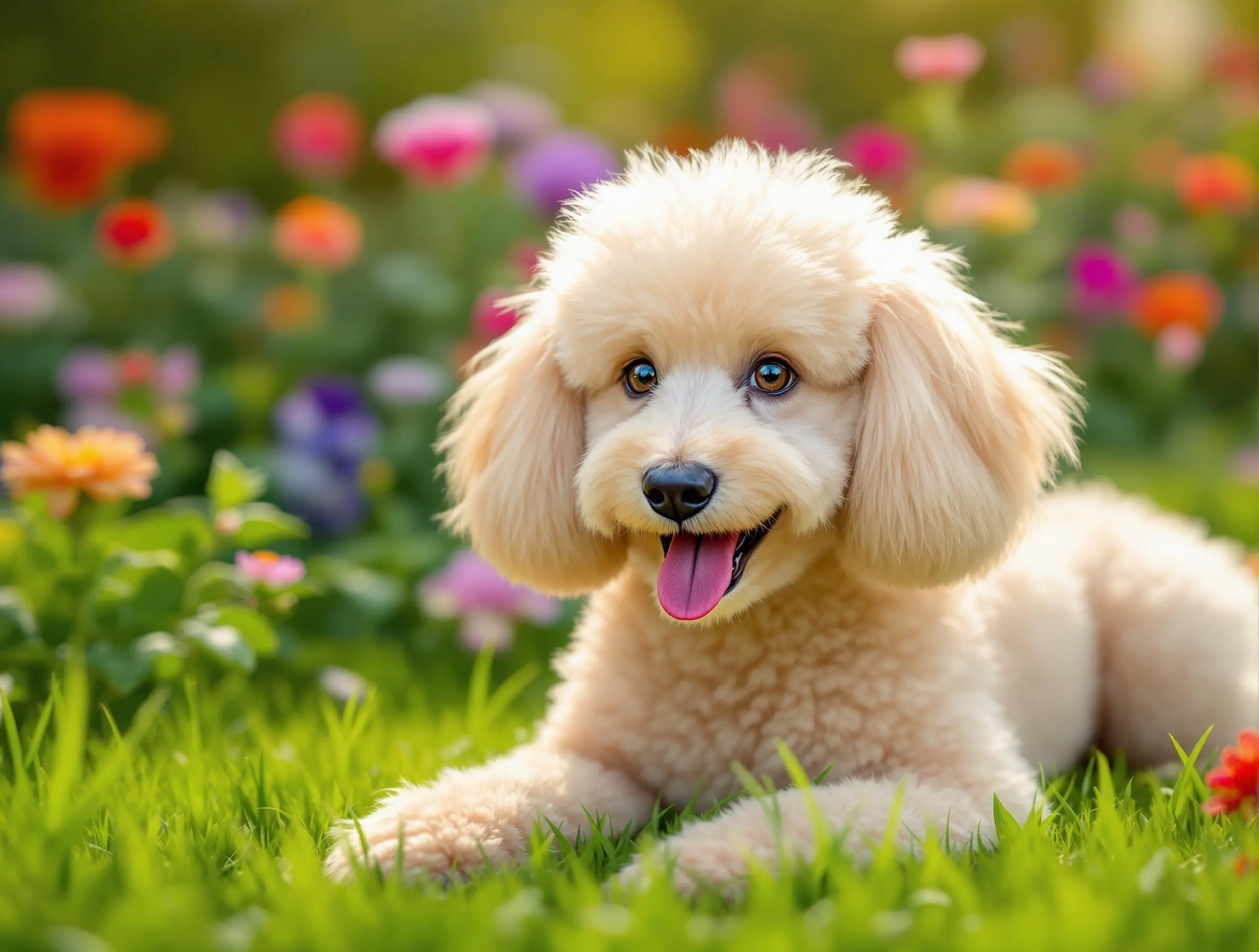 화사한 꽃밭에서 행복하게 앉아 있는 푸들 강아지