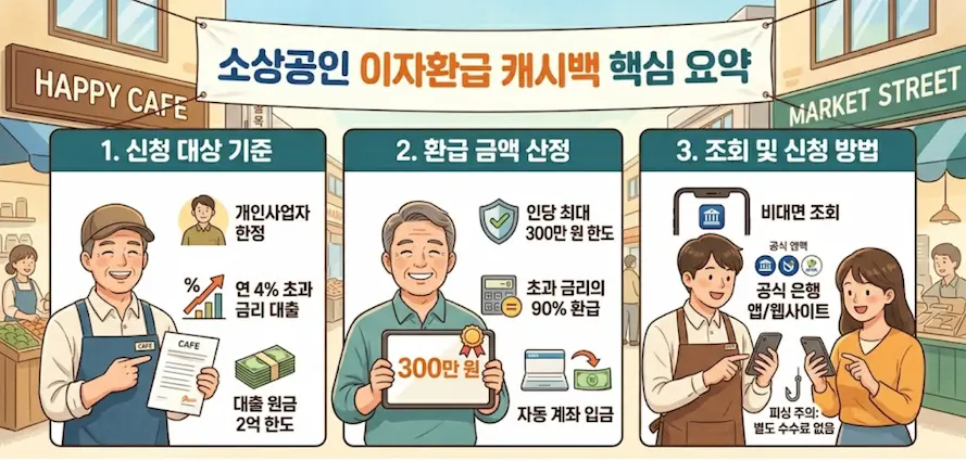 소상공인 이자환급 캐시백 신청 대상 및 은행별 환급 금액 조회 방법 총정리 일러스트