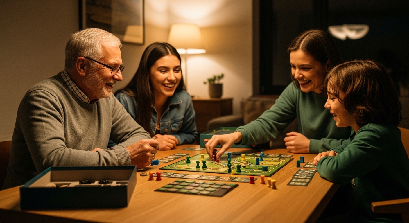 세 가족이 나무 테이블에 둘러앉아 현대적인 보드게임을 하며 웃고 대화하는 즐거운 장면