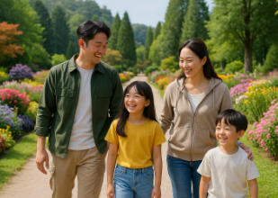 아침고요수목원에서 꽃길을 산책하고 있는 가족