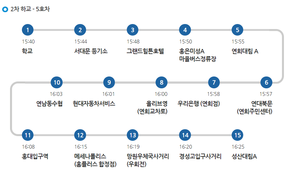 명지초 5호차 셔틀 월/화/목/금 2차 하교 노선 시간표