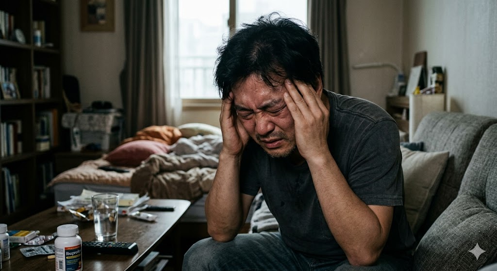 편두통으로 괴로운 남성 이미지