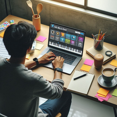 다양한 아이콘이 보이는 음악 프로그램을 사용하는 남성