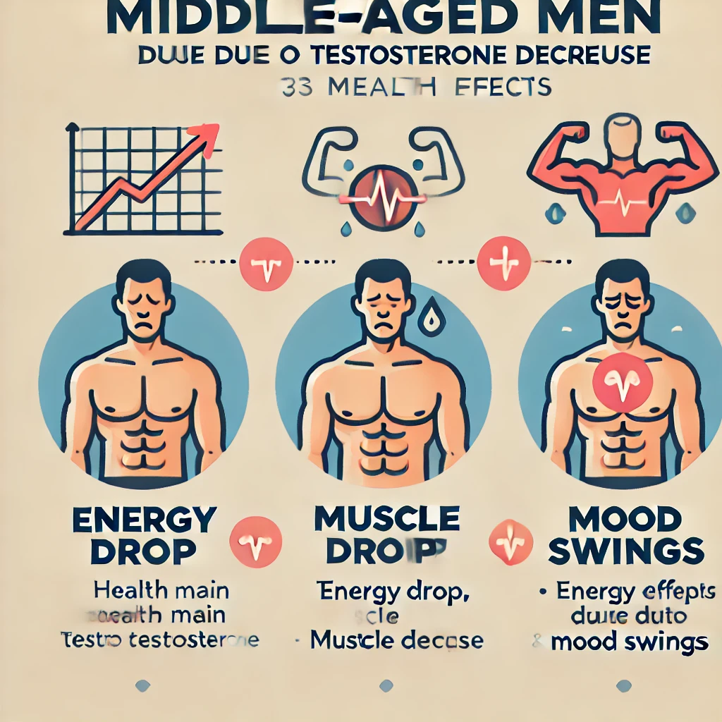 중년 남성의 호르몬 변화에 따른 증상과 이를 설명하는 인포그래픽