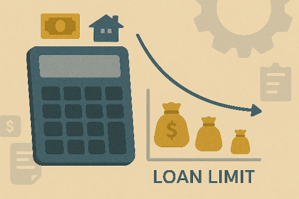 계산기와 하락 곡선을 통해 대출 가능 금액 감소를 표현한 금융 일러스트