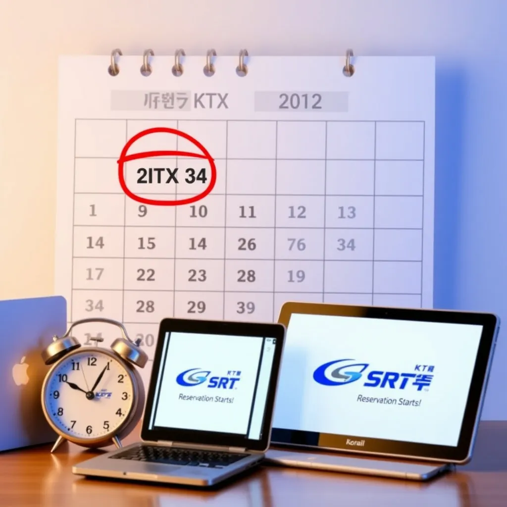 커다란 달력에 KTX 기차표 예매 날짜가 빨간색으로 동그라미 쳐져 있고, 그 주위로 노트북, 스마트폰, 알람 시계 등이 놓여 있는 모습. 디지털 기기 화면에는 코레일이나 SRT 로고와 함께