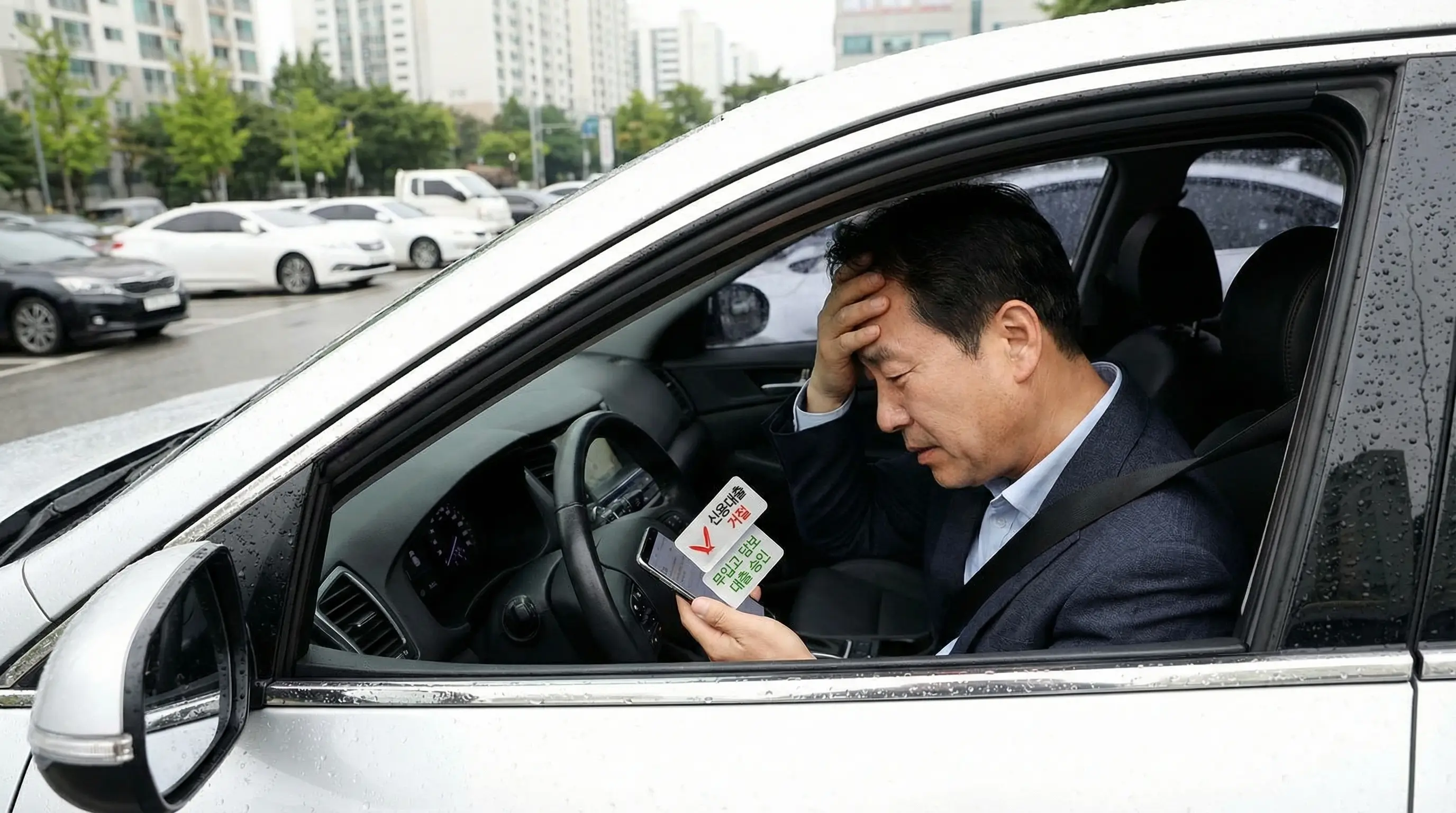 신용대출 거절 후 자신의 자동차를 활용해 무입고 담보 대출을 받고 안도하는 운전자의 모습