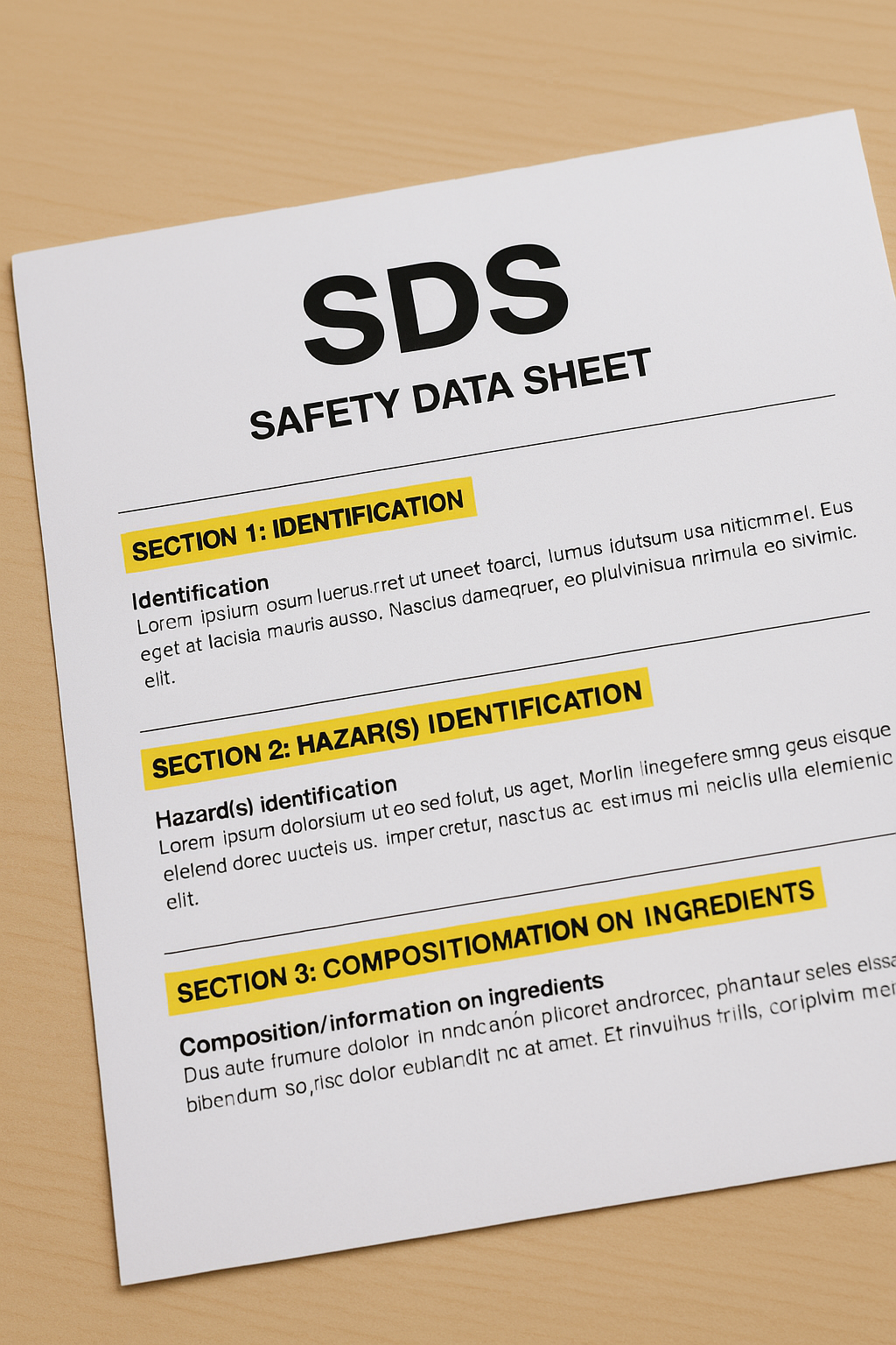 SDS 문서의 핵심 섹션(2 유해성 식별, 4 응급조치, 7 취급&middot;저장, 8 보호구, 13 폐기) 확인 안내